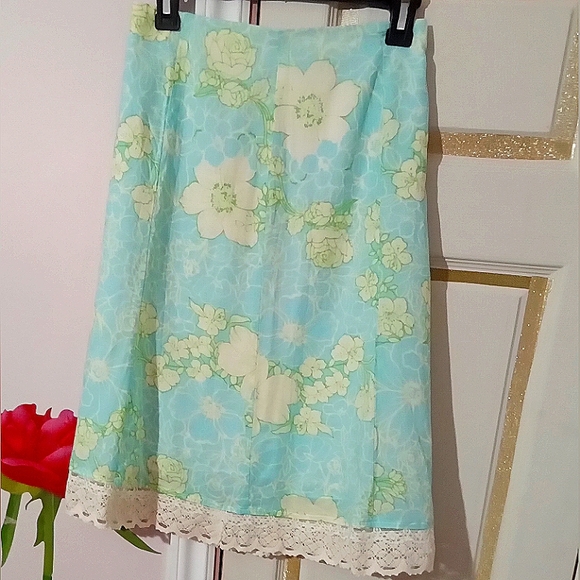 VAMP🌻Boho Green Floral Print A-Line Flared Skirt with Crochet Lace Sz: L - Picture 8 of 10